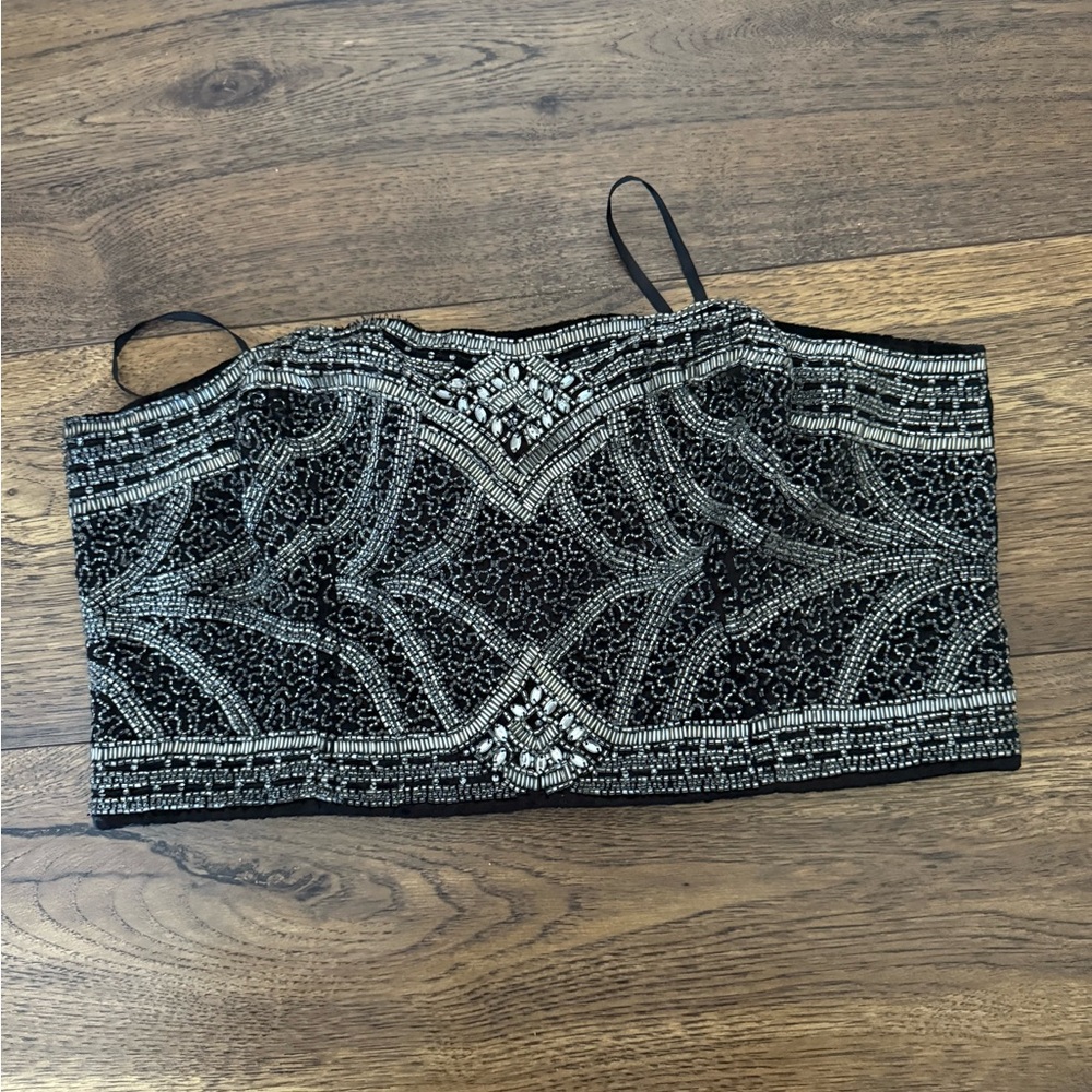Vintage Beaded Black and Silver Crop Top